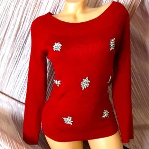 New York company red Swarovski crystal long sleeve ribbed blouse off shoulder S